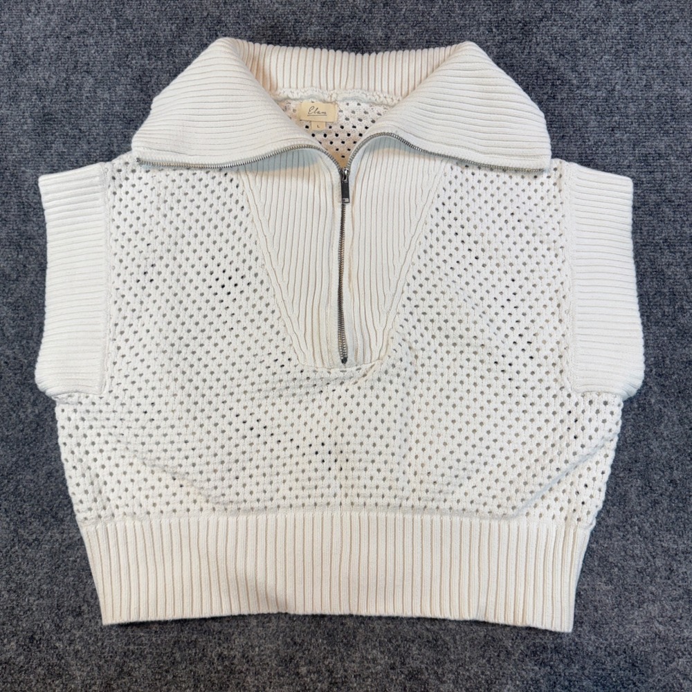 Elan Sweater Vest Womens L Cream Quarter Zip Open Knit Sleeveless Mock Neck